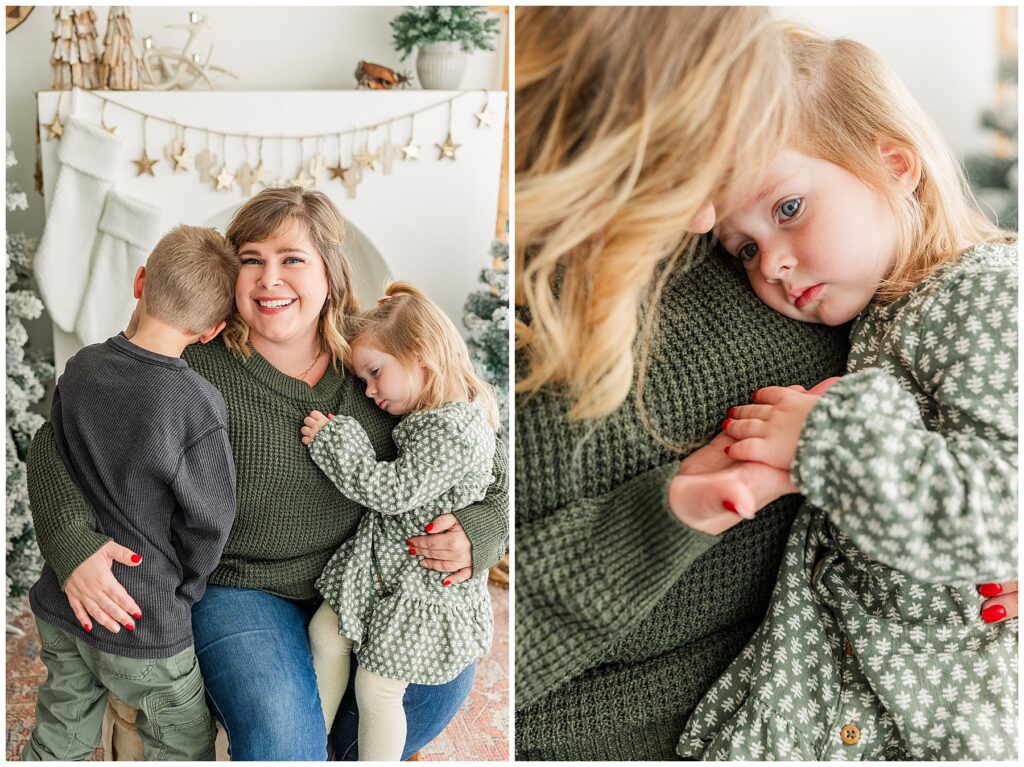 Close up of mother and daughter snuggling together during a Christmas mini session with Catherine Chamberlain
