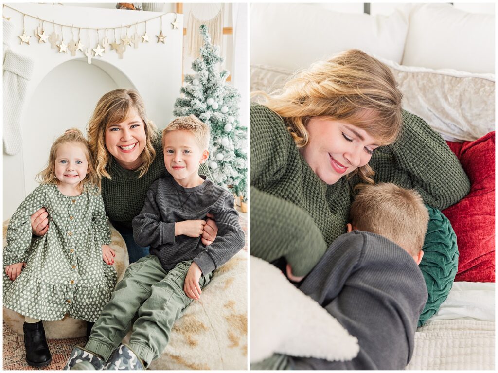 Mom poses with her two kids for cozy southwest Christmas minis with Catherine Chamberlain Photography