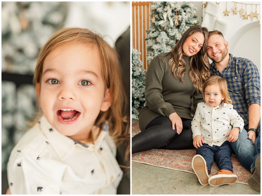 A couple sit in front of a Christmas tree with their little daughter at Sugarhill Studio in Longmont, CO