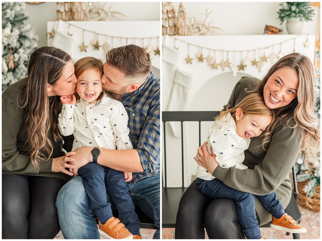 Mom and dad kiss their child on the cheek for cozy southwest Christmas minis at Sugarhill Studio in Longmont, CO