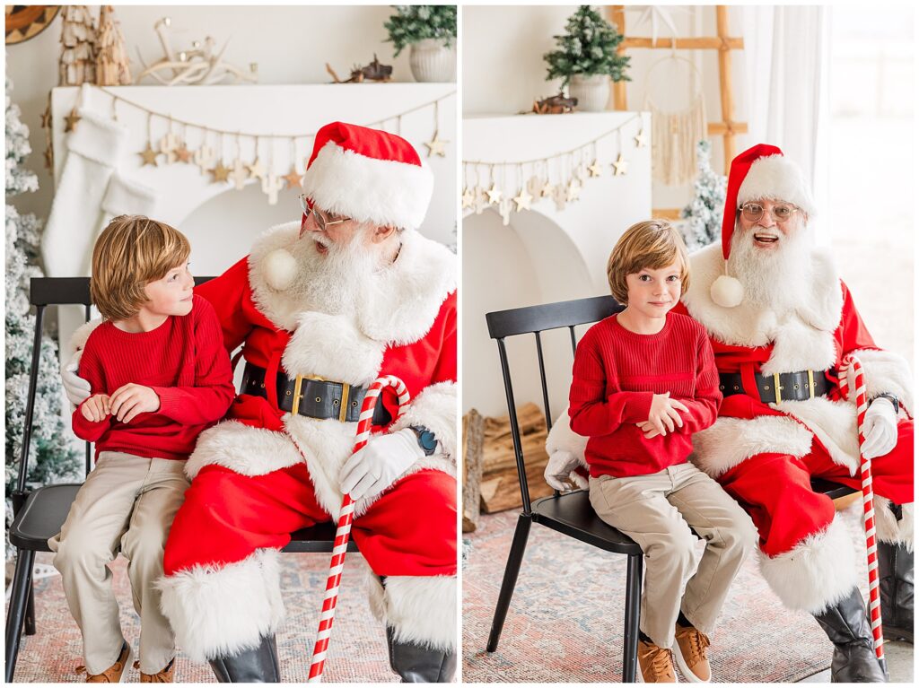 Santa and a little boy sit next to each other and look at one another for Sugarhill Studio Santa Minis in Longmont, CO
