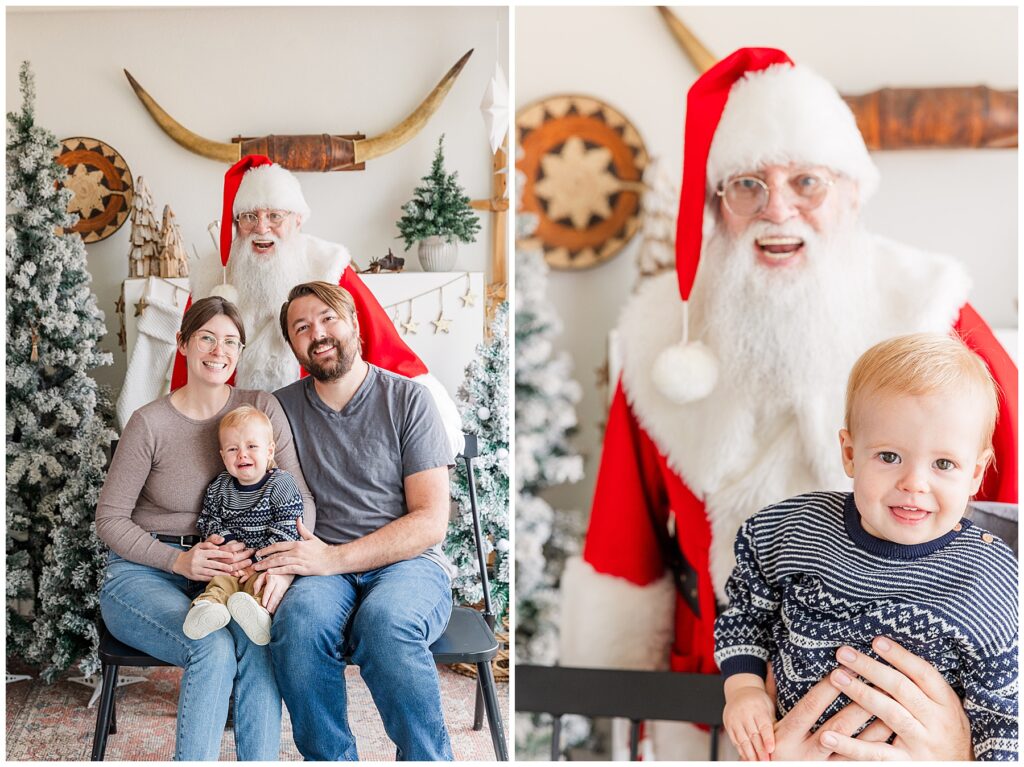 Baby and Santa look at the camera for mini session photos with Catherine Chamberlain Photography