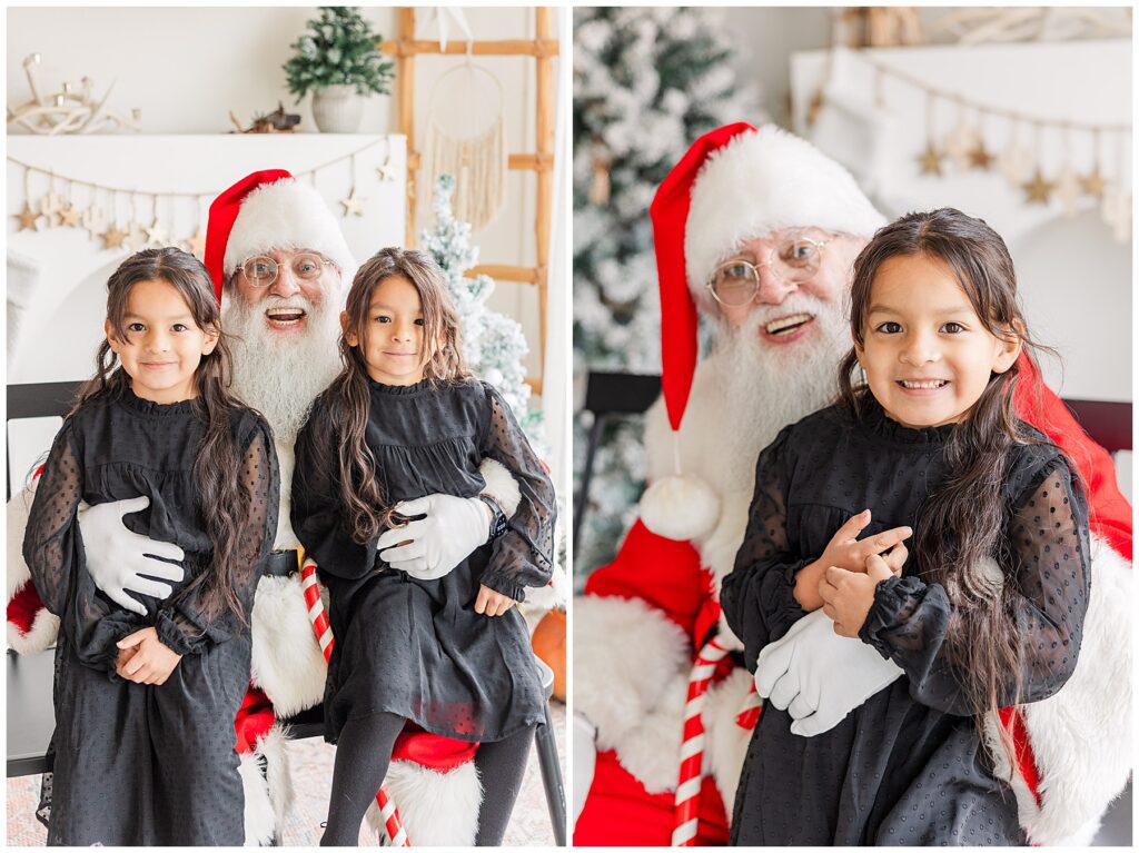 Two sisters sit with Santa as they smile for the camera during in-studio Christmas minis with Santa