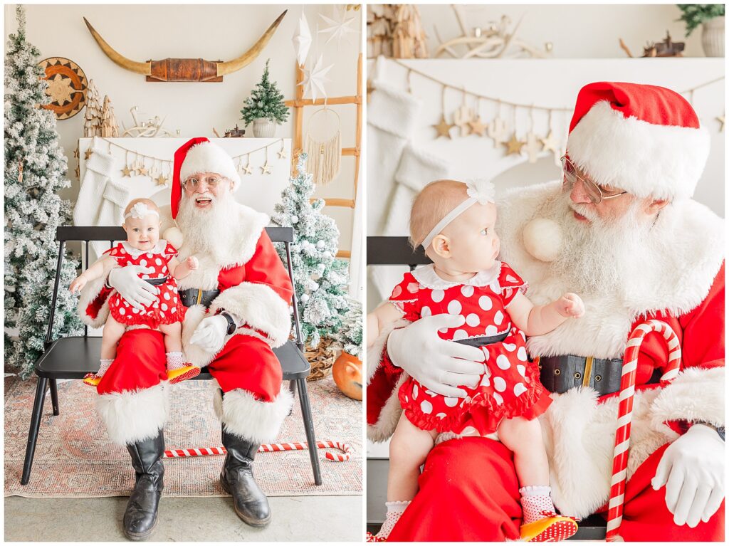 Baby and Santa look at each other during Santa Minis in Longmont, CO