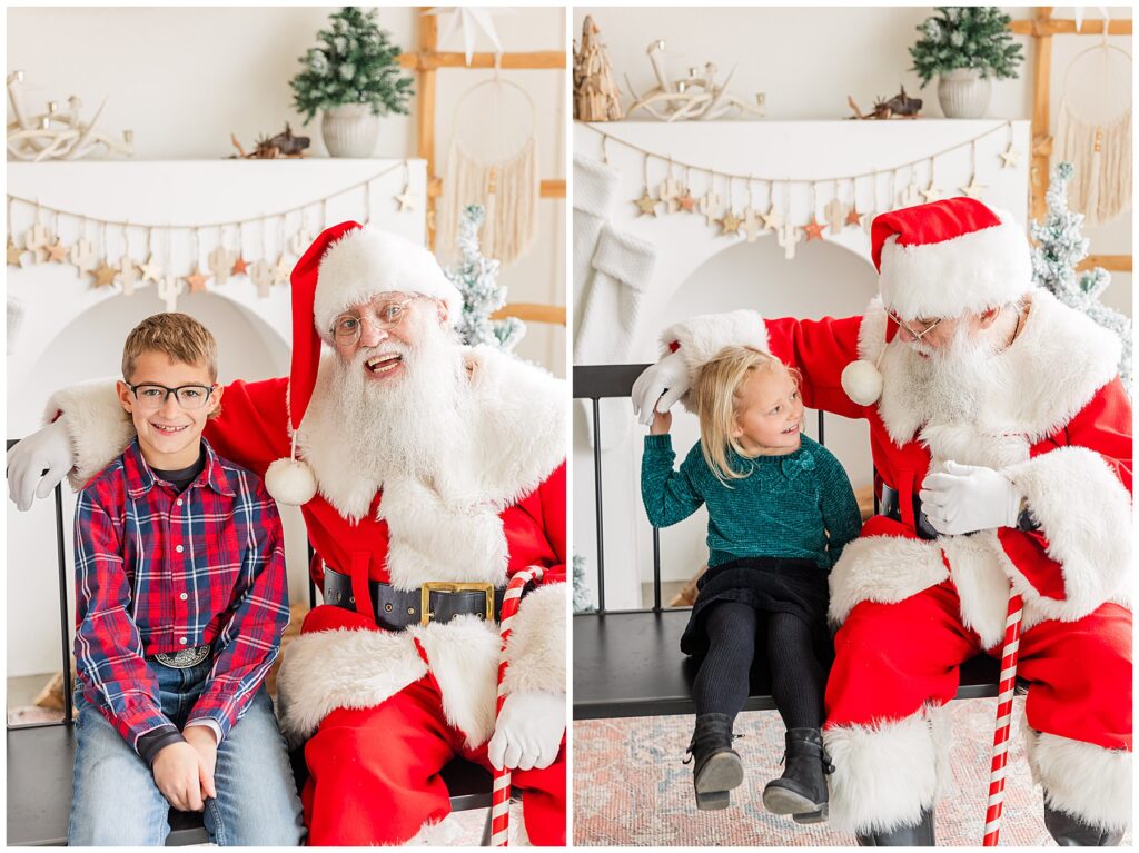 Little girl and Santa look at each other while Catherine Chamberlain captures light and airy studio photos