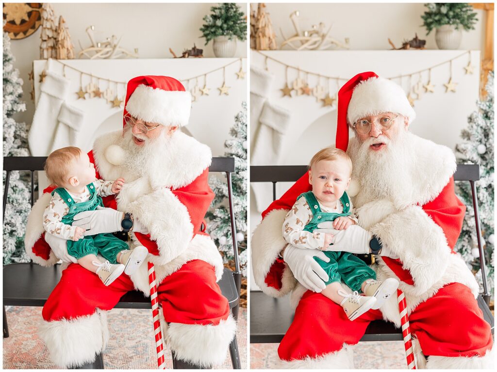 Santa is holding a baby in his lap as they both look at the camera and pose for Christmas minis with Catherine Chamberlain Photography