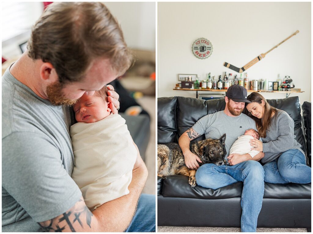 Dad looks lovingly at his precious newborn baby girl in his arms for light and airy photos with family photographer Catherine Chamberlain