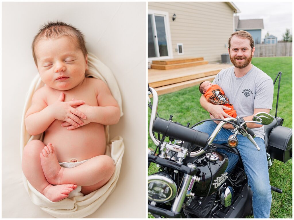 Dad sits on his Harley Davidson motorcycle while holding his baby girl in a Harley Davidson swaddle
