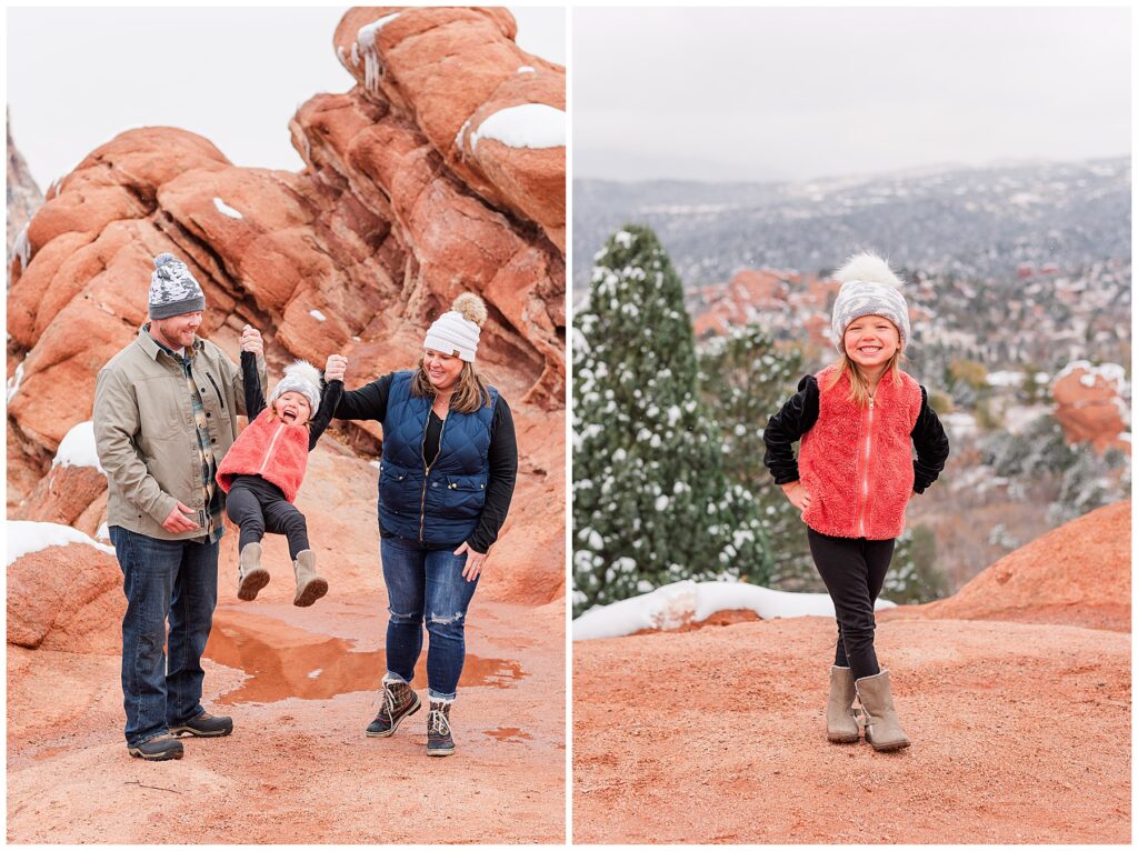 Little girl poses with her hands on her hips and feet crossed for snowy outdoor family minis 