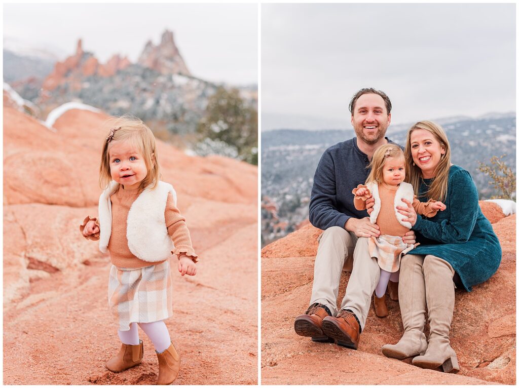 Little toddler girl poses on a red rock formation for light and airy photos with Catherine Chamberlain Photography's assistant at Garden of the Gods