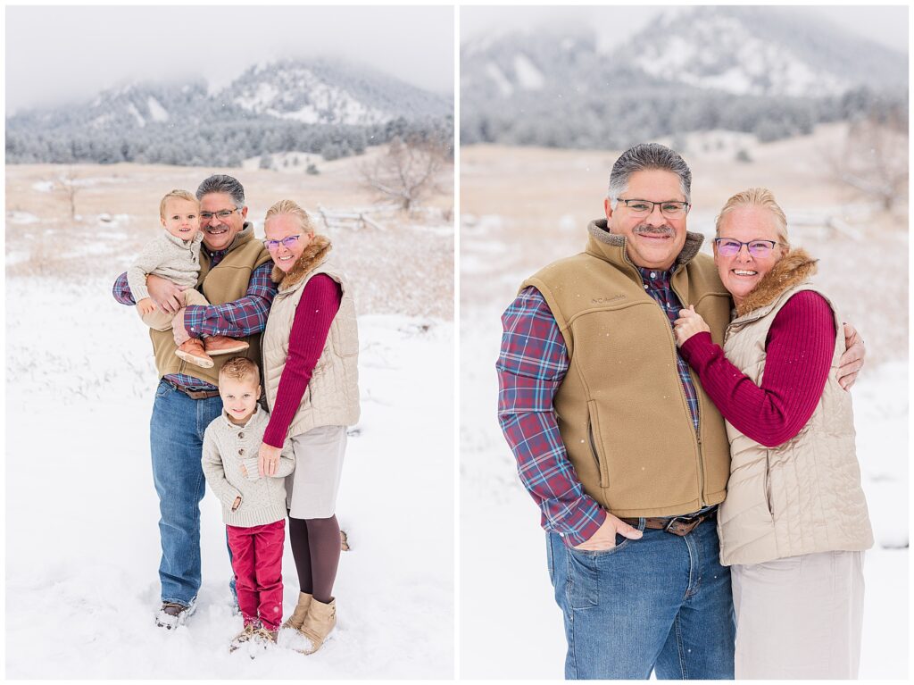 Family of four pose in front of Boulder's famous flatirons 