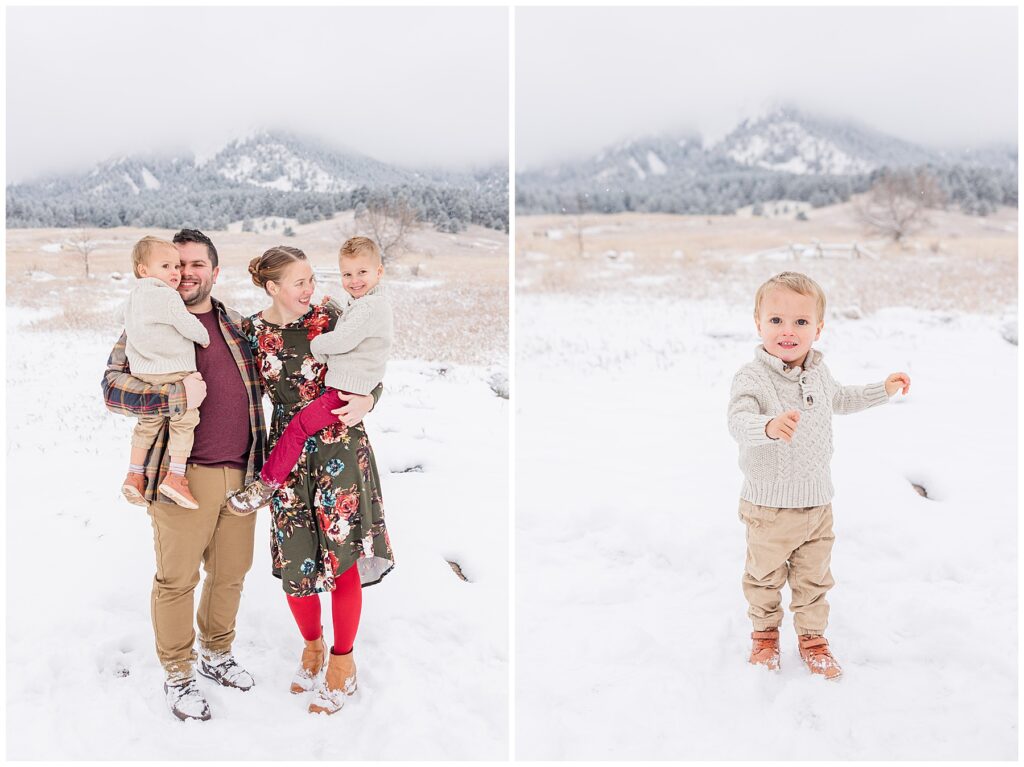 Little boy poses during a snowy extended family session 