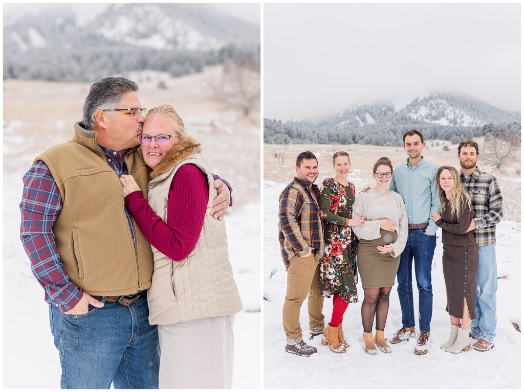 Grandparents snuggle up as he kisses her on the forehead during a session in the snow