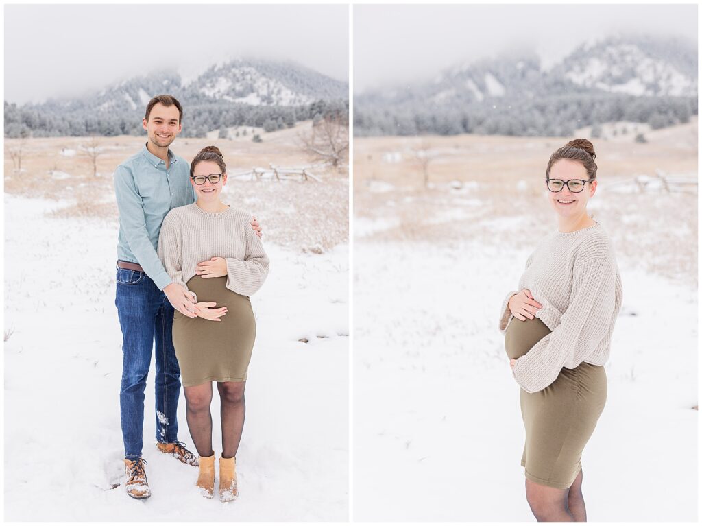 Expecting couple pose with their hands on her belly for light and airy outdoor photos