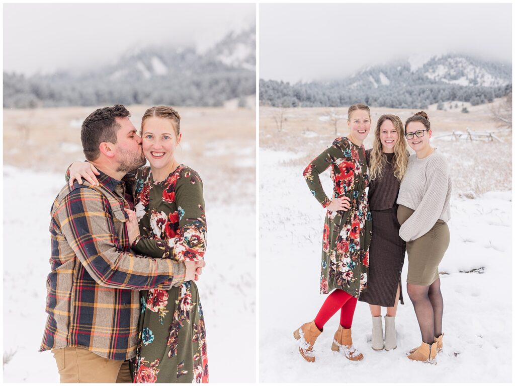 Couple embrace as he gives her a kiss on the cheek during a snowy extended family session with family photographer Catherine Chamberlain of Catherine Chamberlain Photography