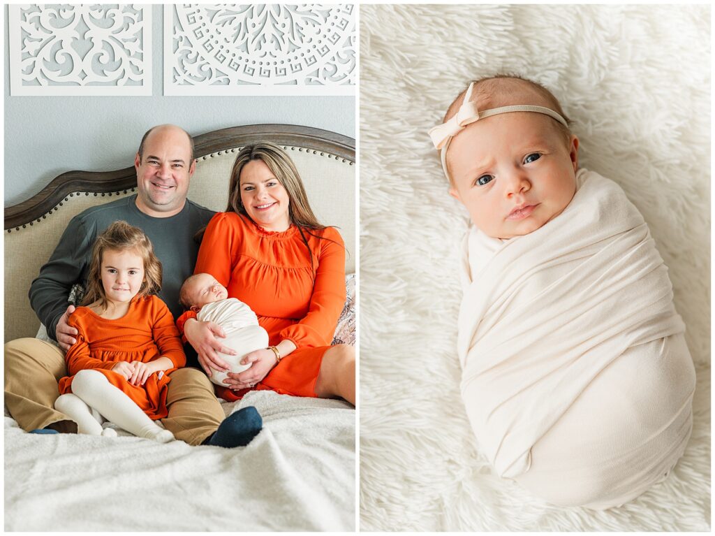 Family of four pose for  a winter indoor newborn session 
