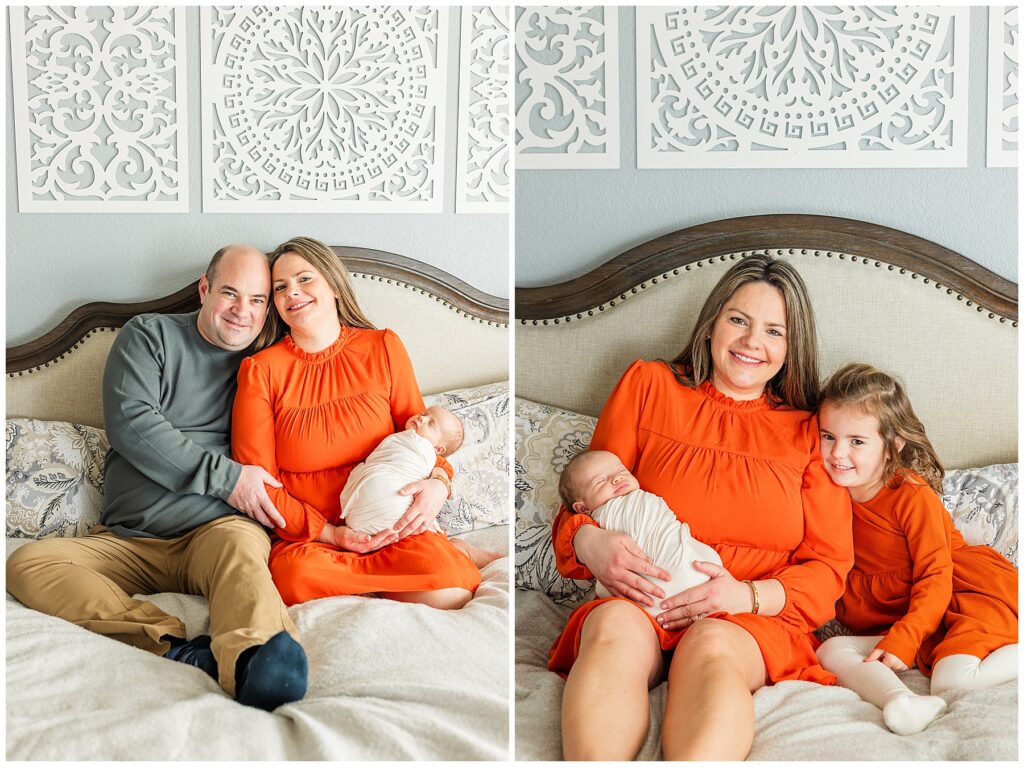 Mom snuggles her daughter and newborn baby in her bed for light and airy photos