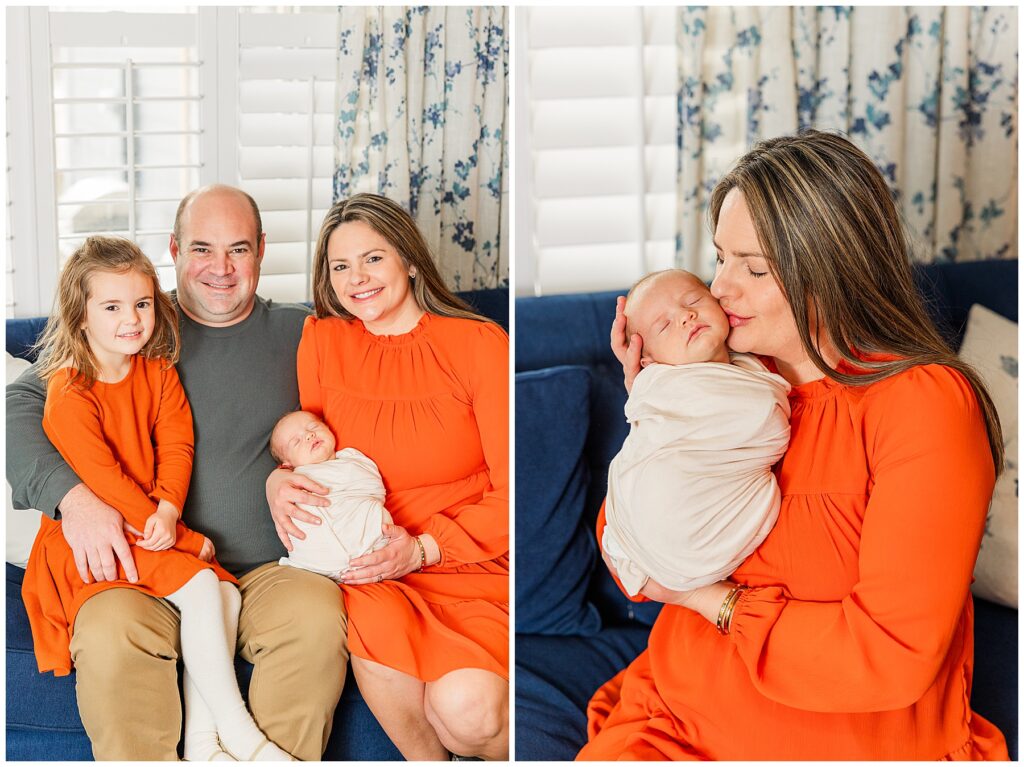 Family of four pose for a winter indoor newborn session in Westminster, CO