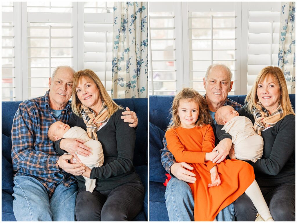 Proud grandparents pose with their two granddaughters during a light and airy newborn session