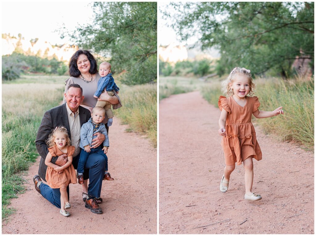 Little toddler girl in a dress runs down a path for light and airy family photos during Anderson Extended Family Session | Red Rocks Open Space, Colorado Springs, CO