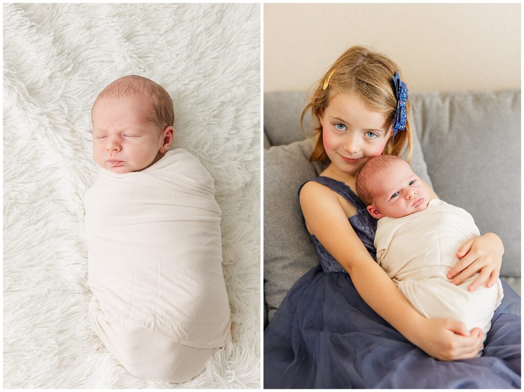Older sister holds her baby brother who is swaddled 