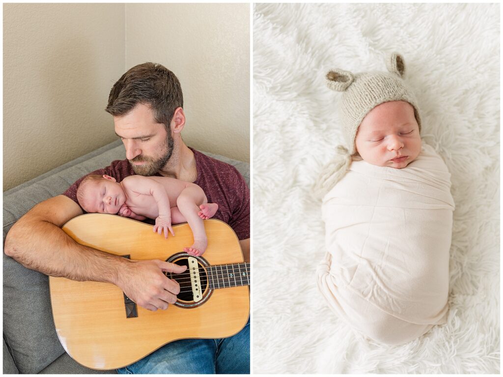 Father plays the guitar as his newborn baby sleeps on top of it during a musical themed newborn session