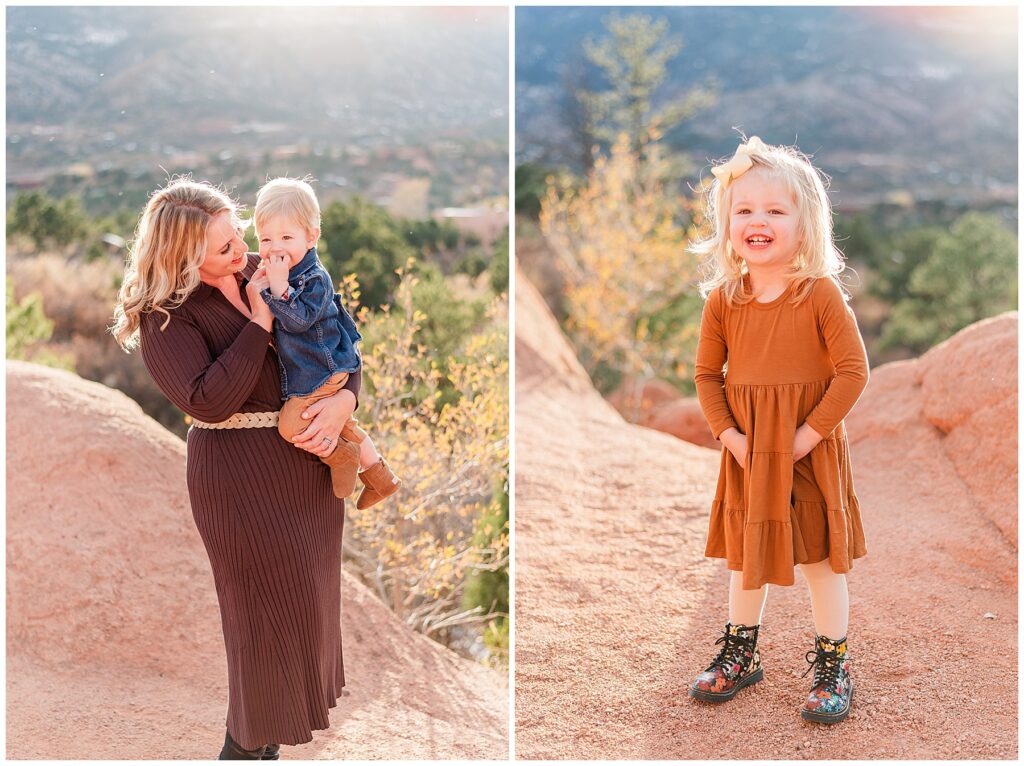 Little toddler girl stands on a rock in her golden dress during Colorado Springs Family Sessions
