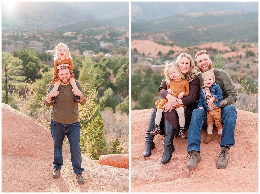 Toddler girl sits on her daddy's shoulders for an outdoor photoshoot in Colorado Springs, CO