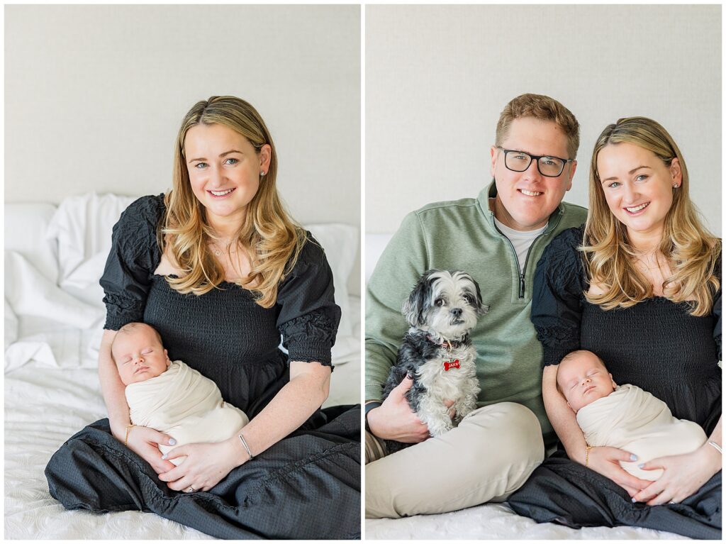 Mom and dad pose with their newborn and dog Jax