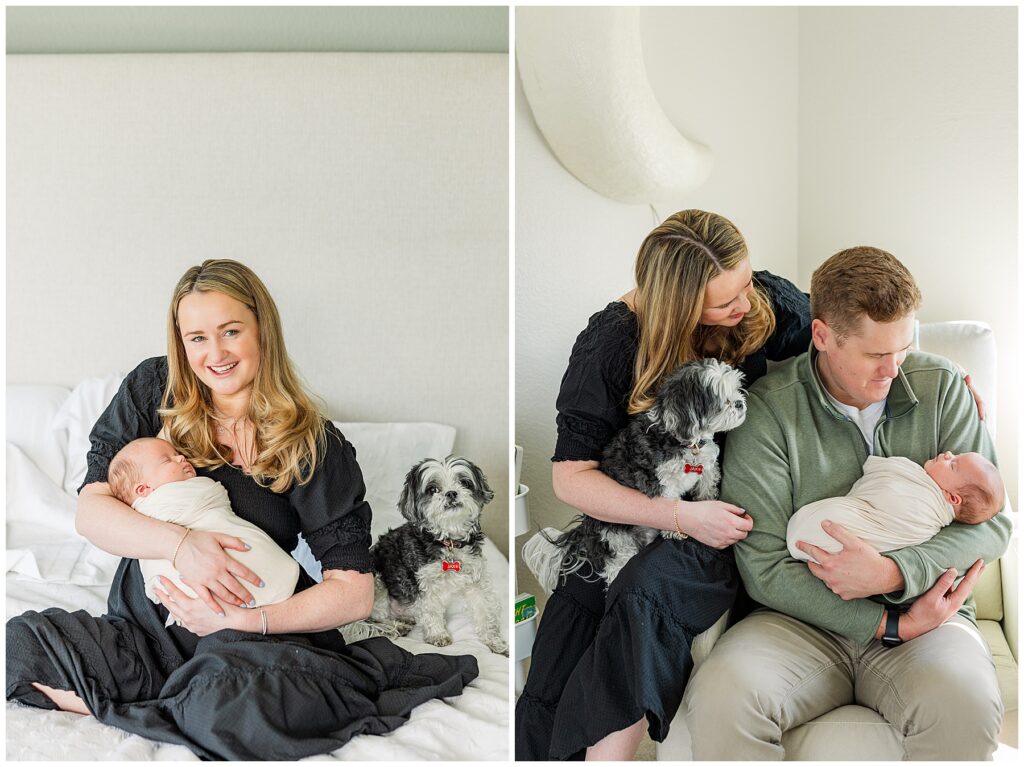 Mom holds her sleeping newborn while sitting on her bed next to their dog