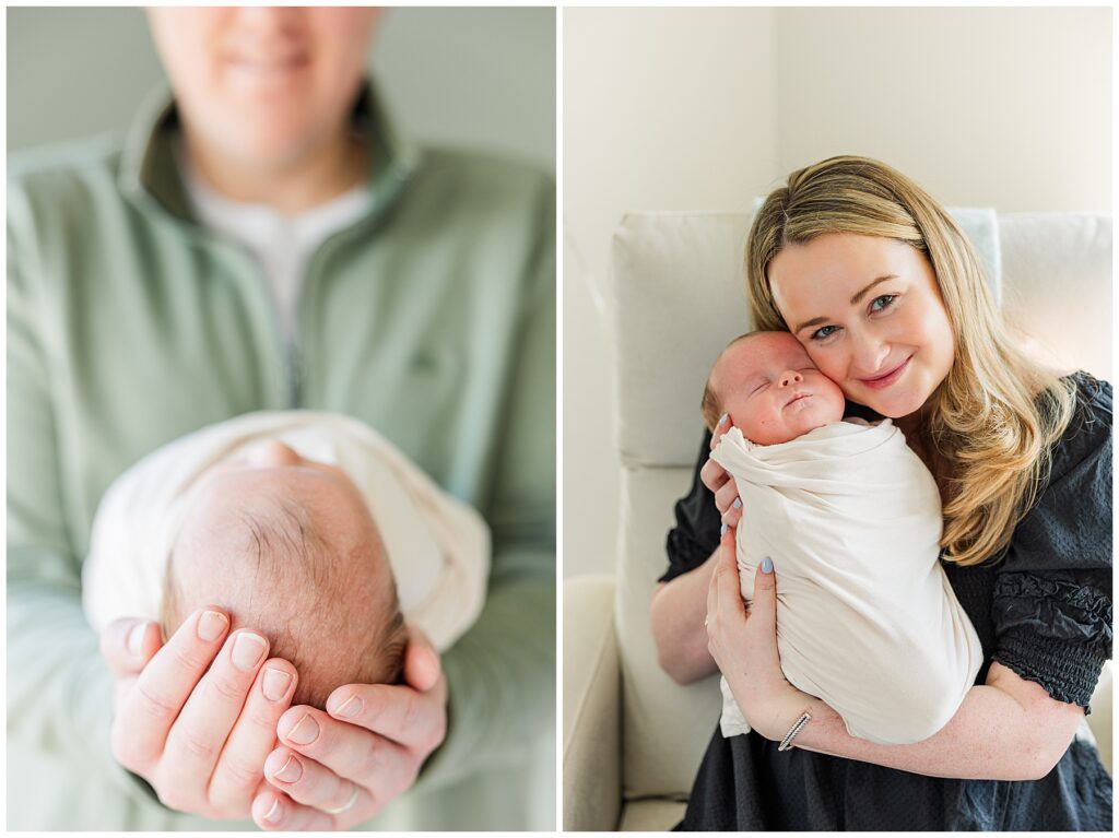 Mom snuggles baby cheek to cheek during an indoor Colorado newborn session