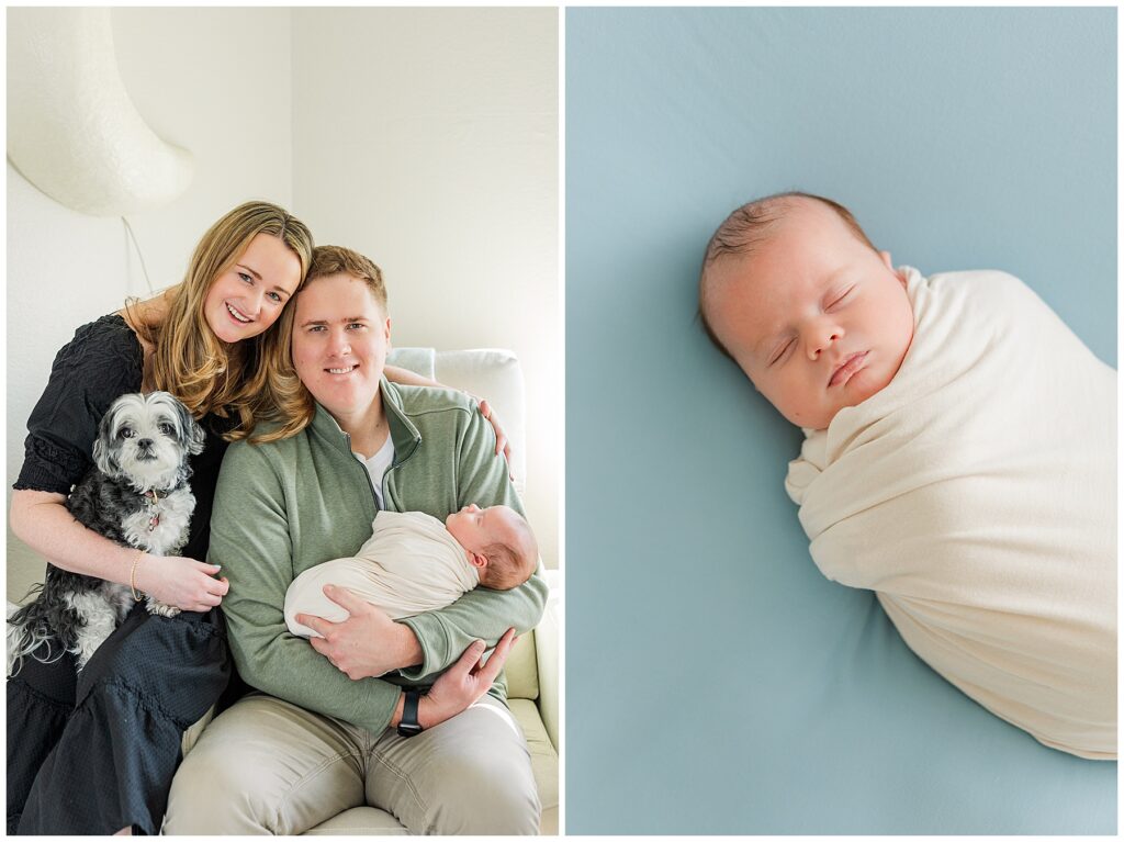 Baby sleeps on blue background swaddled during newborn photos