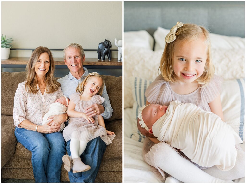 Family pose with a newborn as big sister acts silly
