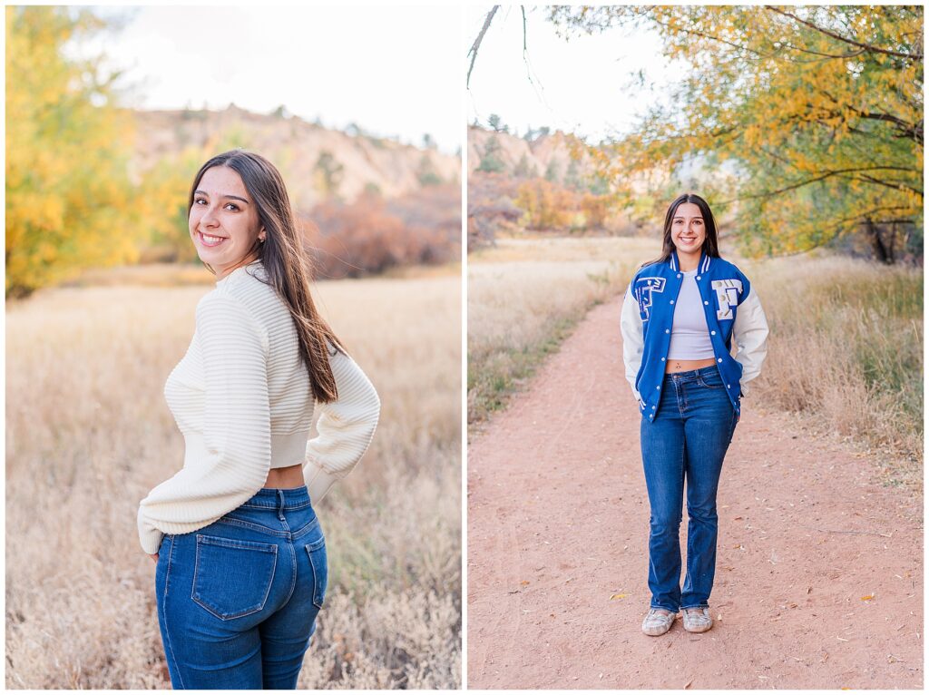 High school girl poses with her hands in her pockets for Colorado Springs Senior Session at Red Rocks Open Space