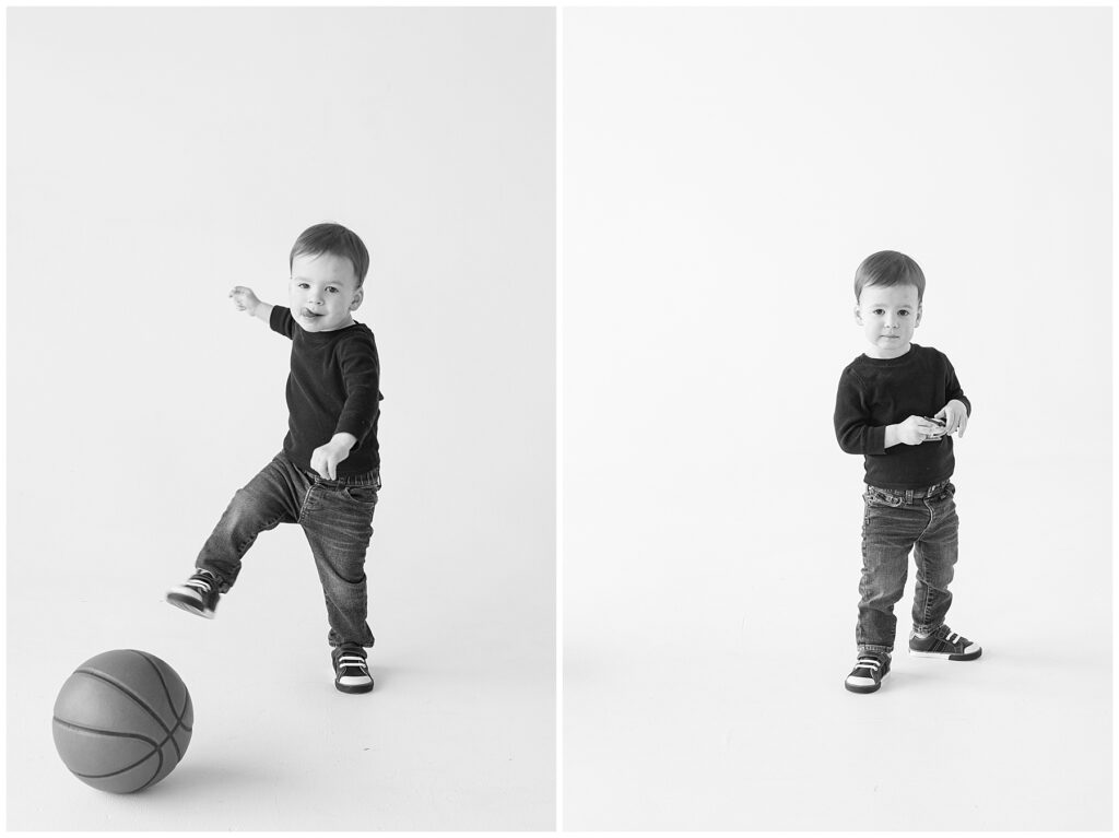 Toddler boy kicks a ball during Realm Studio personality portraits in Denver, Colorado with Catherine Chamberlain Photography
