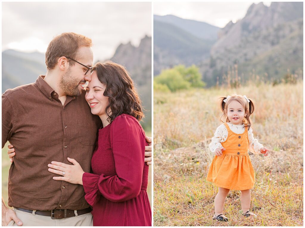 Little girl in pigtails and a yellow dress casually pose for family photos