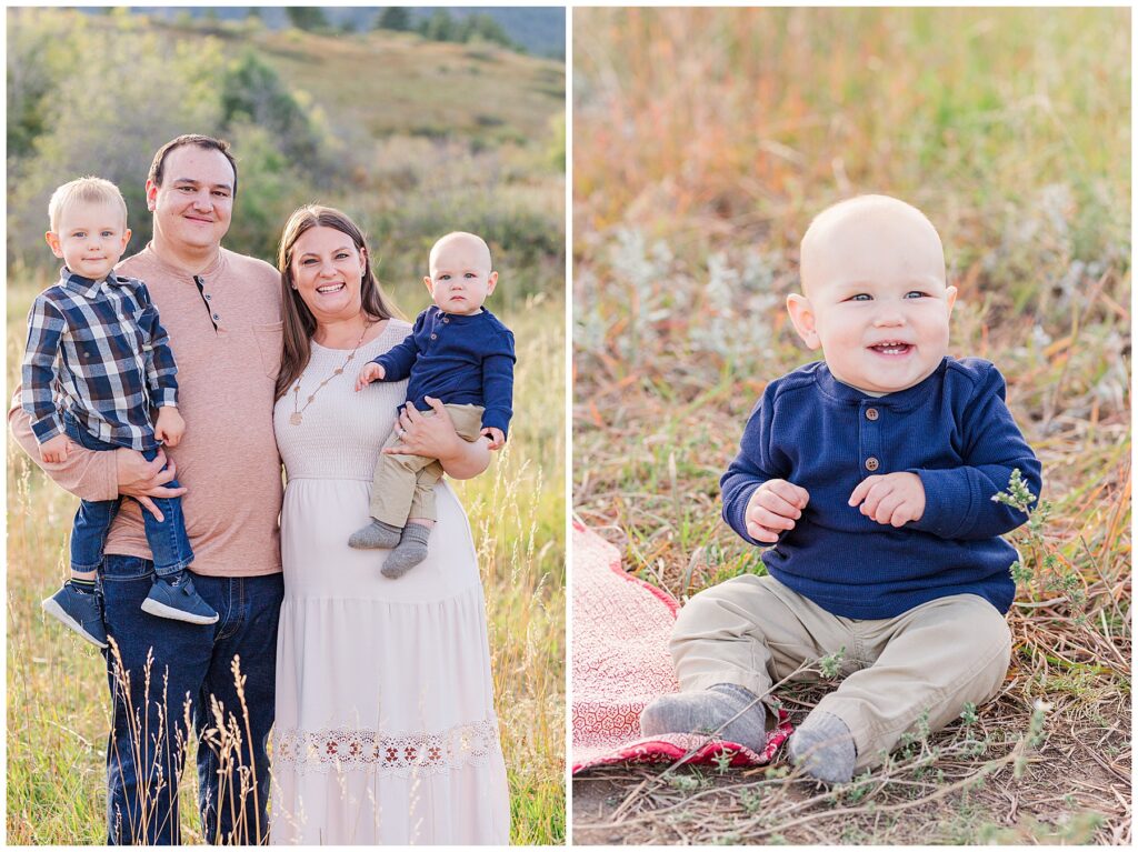 Baby boy sits on the ground during a family photoshoot outdoor in Northern Colorado