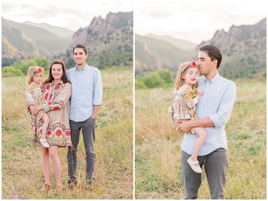 Family of three pose in long grass in front of a mountain for a family mini session