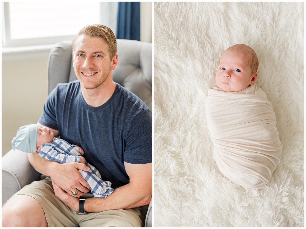 Swaddled baby looks at the camera during newborn photos in Colorado Springs, CO