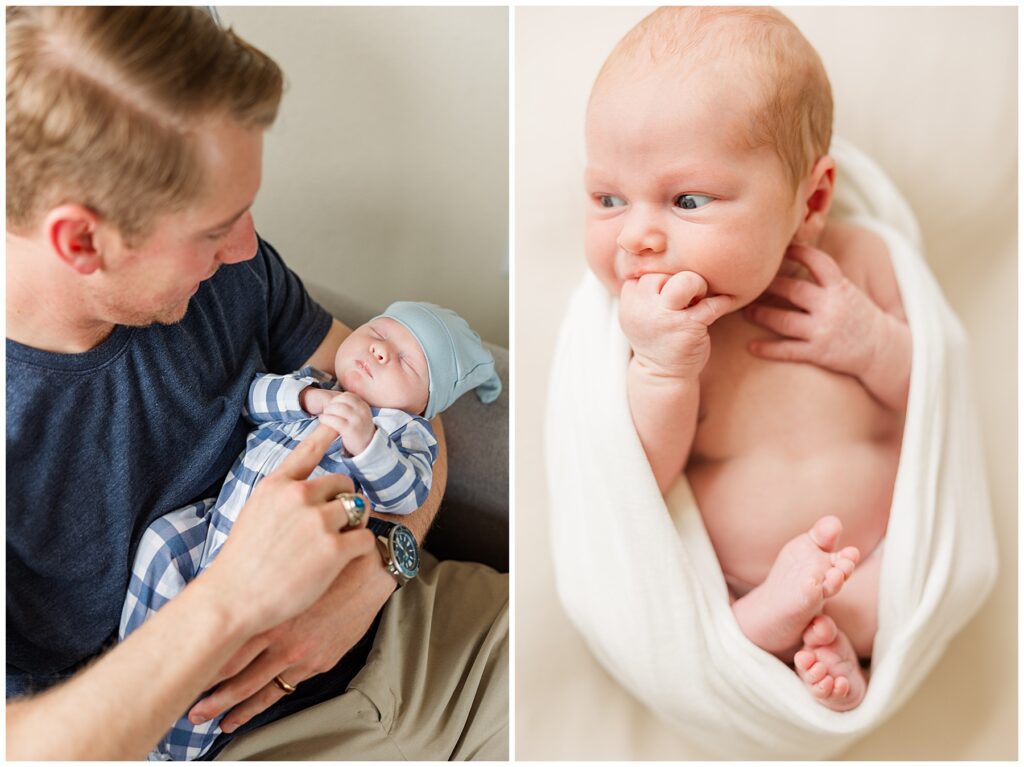 Dad holds his newborn son as he sleeps for light and airy photos with Catherine Chamberlain Photography