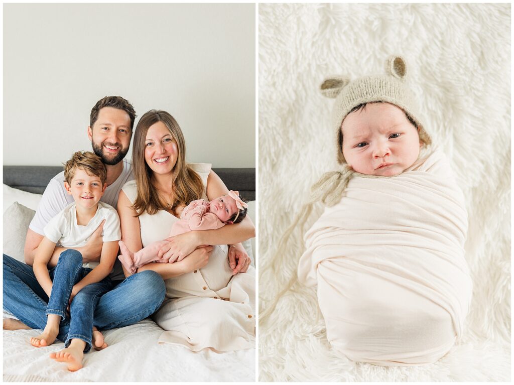 Baby girl is swaddled and put in a hat with year for in-home photos