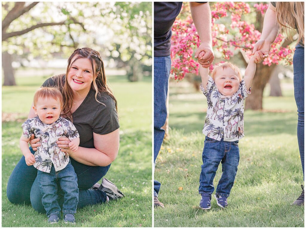Mother squats and holds her standing baby for Catherine Chamberlain Photography