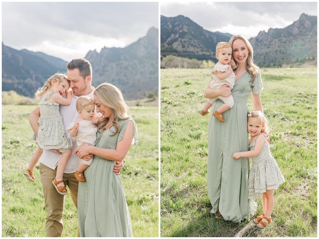 Family of four stand in front of mountains for a family session with Catherine Chamberlain Photography