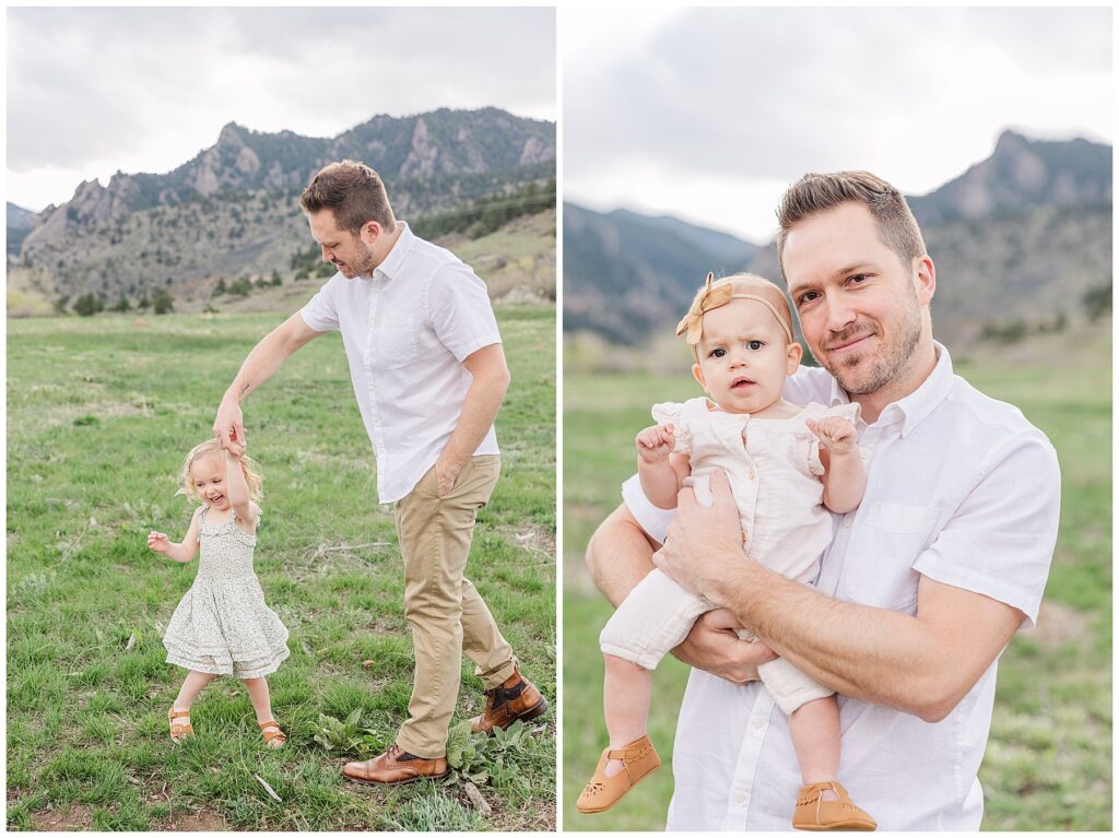 Dad twirls little toddler girl for outdoor session in Boulder, CO