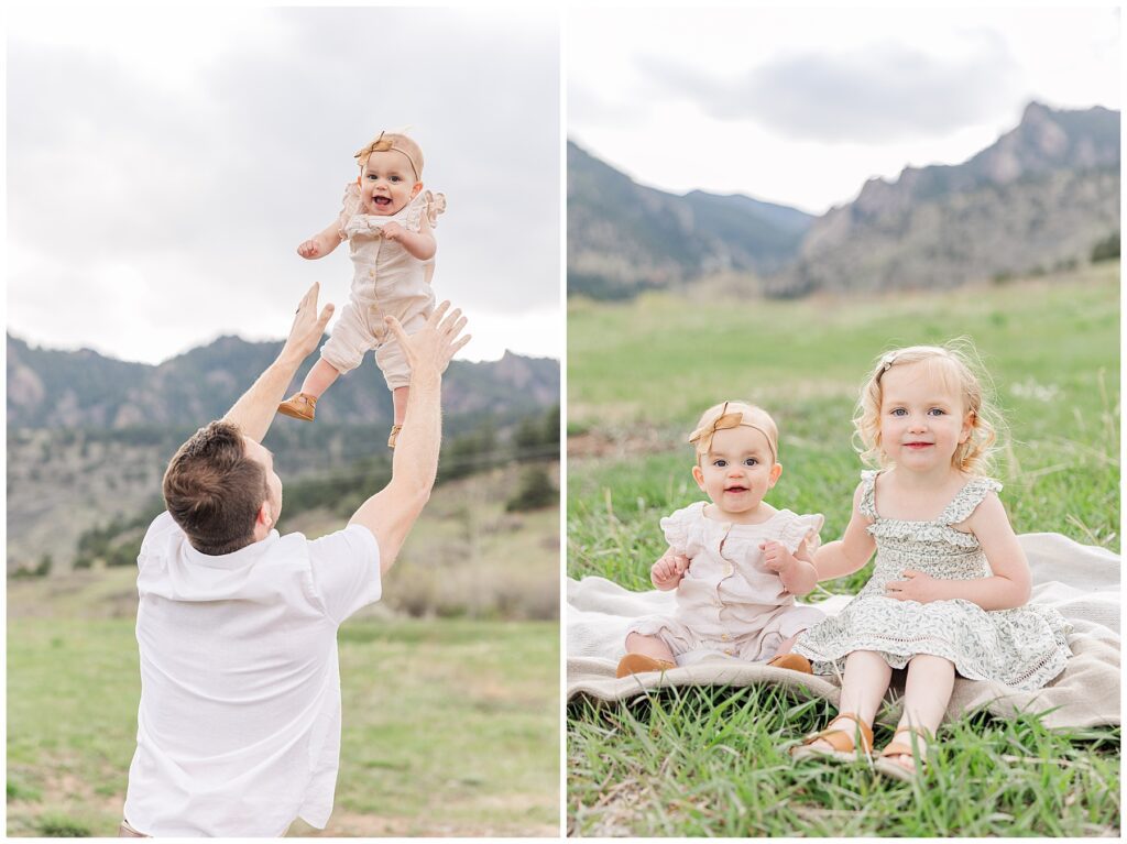 Dad gently tosses baby girl into the air during an outdoor family session