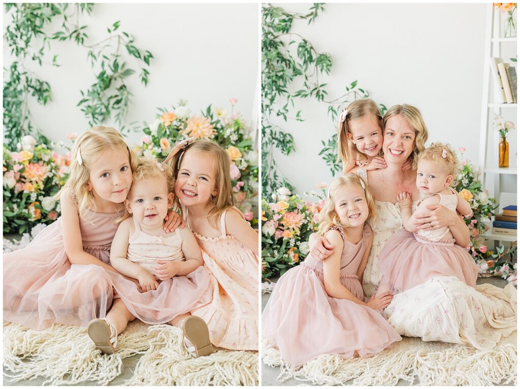 Three girls cuddle in their coordinated dresses for mother's day photos with Catherine Chamberlain Photography
