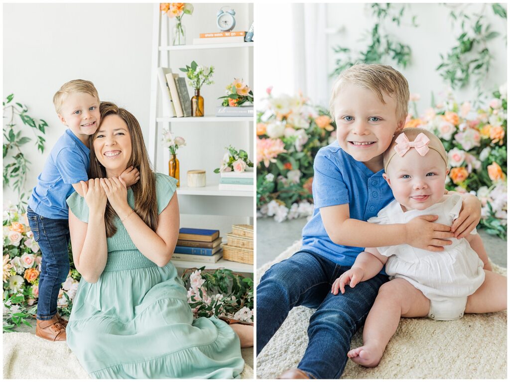 Bro hugs his little sis during studio photos for Mother's Day in Northern Colorado