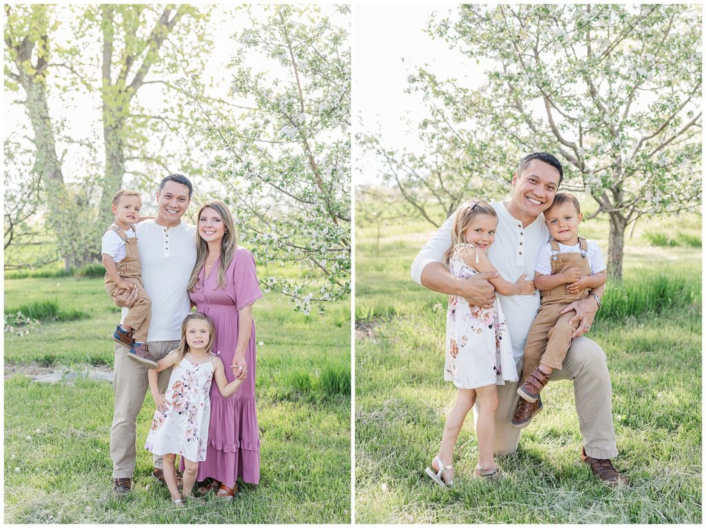 Family of four pose for light and airy outdoor photos 