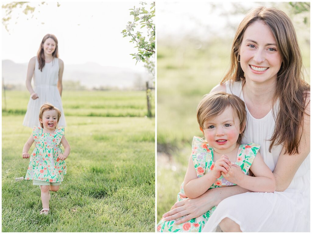 Mother and daughter pose outdoors for light and airy photos