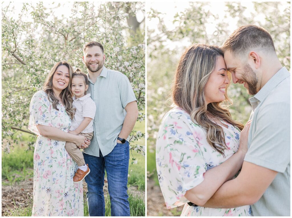 Mom and dad touch foreheads during light and airy spring minis outdoors in Colorado